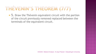  5. Draw the Thévenin equivalent circuit with the portion
of the circuit previously removed replaced between the
terminals of the equivalent circuit.
ECE203 - Network Analysis - K.Jeya Prakash - Kalasalingam University
 
