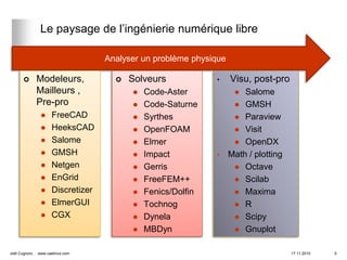 Le paysage de l’ingénierie numérique libre

                                    Analyser un problème physique

               Modeleurs,               Solveurs            •     Visu, post-pro
                Mailleurs ,                  Code-Aster               Salome
                Pre-pro                      Code-Saturne            GMSH
                     FreeCAD                Syrthes                 Paraview
                     HeeksCAD               OpenFOAM                Visit
                     Salome                 Elmer                   OpenDX
                     GMSH                   Impact          •     Math / plotting
                     Netgen                 Gerris                  Octave
                     EnGrid                 FreeFEM++               Scilab
                     Discretizer            Fenics/Dolfin           Maxima
                     ElmerGUI               Tochnog                 R
                     CGX                    Dynela                  Scipy
                                             MBDyn                   Gnuplot


Joël Cugnoni,   www.caelinux.com                                                      17.11.2010   5
 
