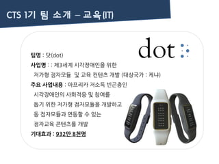 CTS 1기 팀 소개 – 교육(IT)
팀명 : 닷(dot)
사업명 : : 제3세계 시각장애인을 위한
저가형 점자모듈 및 교육 컨텐츠 개발 (대상국가 : 케냐)
주요 사업내용 : 아프리카 저소득 빈곤층인
시각장애인의 사회적응 및 참여를
돕기 위한 저가형 점자모듈을 개발하고
동 점자모듈과 연동할 수 있는
점자교육 콘텐츠를 개발
기대효과 : 932만 8천명
 