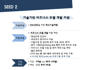 기술기반 비즈니스 모델 개발 지원
기간
예산
 기간 : 9개월 +α (최대 15개월)
 예산 : 건당 최대 4억원
지원대상  성능검증을 마친 혁신기술제품
지원내용
 비즈니스 모델 개발 지원 예산
- 핵심인력 인건비
- 대상국가 현지조사 비용
- 기술수정 및 양산화 준비 비용 (국내, 현지)
- 현지 시범보급(Testing Bed) 통한 마켓 테스트 비용
- 비즈니스 모델 수립 및 현지 파트너십 계약
- 월간 멘토링
- C▪T▪S day (총 3회) 통한 네트워킹 및 피칭 기회
# 우수팀 확산(scale-up) 프로그램 연계 지원
SEED 2
 