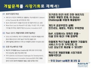 개발문제를 시장기회로 재해석!
지구촌의 빈곤! 이로 인한 여러가지
오래된 개발의 문제, 이 Global
Challenge를 어떻게 해결할까?
개도국 공공부문의 실패!
인프라도, 재원도, 역량도 부족한데
BoP, 시장에서는 잊혀진 분들…
티끌 모아 태산! 구매 잠재력!
이들에게 혁신기술을 활용한 기업들의
서비스가 더 싼 가격으로, 더
나은 성능으로 제공될 수 있다면?
혁신으로 개발문제를 시장기회로
재해석한다!!
- 우리 Start-up에겐 제 3의 길
 