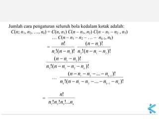 Jumlah cara pengaturan seluruh bola kedalam kotak adalah: C(n; n1, n2, …, nk) = C(n, n1) C(n – n1, n2) C(n – n1 – n2 , n3) … C(n – n1 – n2 – … – nk-1, nk) = )!(! ! 11nnnn  )!(! )!( 2121nnnnnn   )!(! )!( 21321knnnnnnnn   … )!...(! )!...( 121121kkkknnnnnnnnnn     = knnnnn!...!! ! 321  