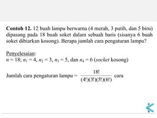 Contoh 12. 12 buah lampu berwarna (4 merah, 3 putih, dan 5 biru) dipasang pada 18 buah soket dalam sebuah baris (sisanya 6 buah soket dibiarkan kosong). Berapa jumlah cara pengaturan lampu? Penyelesaian: n = 18; n1 = 4, n2 = 3, n3 = 5, dan n4 = 6 (socket kosong) Jumlah cara pengaturan lampu = )!6)(!5)(!3)(!4( !18 cara  