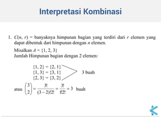 Interpretasi Kombinasi 
1. C(n, r) = banyaknya himpunan bagian yang terdiri dari r elemen yang dapat dibentuk dari himpunan dengan n elemen. Misalkan A = {1, 2, 3} Jumlah Himpunan bagian dengan 2 elemen: {1, 2} = {2, 1} {1, 3} = {3, 1} 3 buah {2, 3} = {3, 2} atau 3!2!1!3!2)!23( !323        buah  