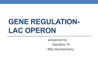 GENE REGULATION-
LAC OPERON
presented by
Nandhini. R
I Msc Biochemistry
 