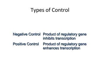 Types of Control
Negative ControlNegative Control Product of regulatory geneProduct of regulatory gene
inhibits transcriptioninhibits transcription
Positive ControlPositive Control Product of regulatory geneProduct of regulatory gene
enhances transcriptionenhances transcription
 