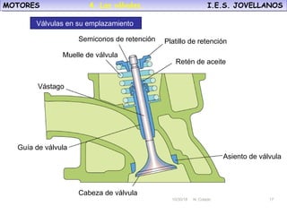 10/30/18 N. Colado 17
MOTORES I.E.S. JOVELLANOSMOTORES I.E.S. JOVELLANOS
10/30/18 N. Colado 17
Cabeza de válvula
Asiento de válvula
Retén de aceite
Platillo de retenciónSemiconos de retención
Muelle de válvula
Guía de válvula
Vástago
Válvulas en su emplazamiento
4. Las válvulas.
 
