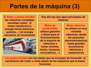 Partes de la máquina (3)
3. Motor y partes móviles:      Hoy día hay dos tipos principales de
 las máquinas complejas                      motores:
   necesitan motor; el
   motor transforma la              Motor de        Motor eléctrico:
 energía inicial (eléctrica,     combustible:      se utilizan en muy
  química,…) en energía        utilizan gasolina         variadas
mecánica, en movimiento         o diesel para el    máquinas, desde
                               funcionamiento         los pequeños
                               de la mayoría de    electrodomésticos
                                  vehículos a        hasta grandes
                                motor (coches,         locomotoras
                               motos, tractores,        eléctricas y
                               excavadoras,…)         compresores

Las partes móviles son las piezas que se encargan de transmitir el
movimiento del motor a otras piezas de las máquinas que la hacen
                            funcionar
 
