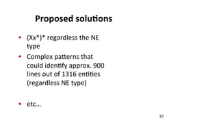 Proposed	
  solu$ons	
  
•  (Xx*)*	
  regardless	
  the	
  NE	
  
type	
  
•  Complex	
  paNerns	
  that	
  
could	
  iden(fy	
  approx.	
  900	
  
lines	
  out	
  of	
  1316	
  en((es	
  	
  
(regardless	
  NE	
  type)	
  
•  etc…	
  
10	
  
 