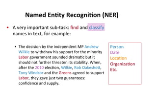 •  A	
  very	
  important	
  sub-­‐task:	
  ﬁnd	
  and	
  classify	
  
names	
  in	
  text,	
  for	
  example:	
  
•  The	
  decision	
  by	
  the	
  independent	
  MP	
  Andrew	
  
Wilkie	
  to	
  withdraw	
  his	
  support	
  for	
  the	
  minority	
  
Labor	
  government	
  sounded	
  drama(c	
  but	
  it	
  
should	
  not	
  further	
  threaten	
  its	
  stability.	
  When,	
  
aJer	
  the	
  2010	
  elec(on,	
  Wilkie,	
  Rob	
  OakeshoN,	
  
Tony	
  Windsor	
  and	
  the	
  Greens	
  agreed	
  to	
  support	
  
Labor,	
  they	
  gave	
  just	
  two	
  guarantees:	
  
conﬁdence	
  and	
  supply.	
  
Named	
  En$ty	
  Recogni$on	
  (NER)	
  
Person	
  
Date	
  
Loca(on	
  
Organiza(on	
  
Etc.	
  
	
  
	
  
 