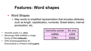 Features: Word shapes
•  Word Shapes
•  Map words to simplified representation that encodes attributes
such as length, capitalization, numerals, Greek letters, internal
punctuation, etc.
Varicella-zoster Xx-xxx
mRNA xXXX
CPA1 XXXd
•  Varicella	
  zoster	
  is	
  a	
  	
  virus	
  
•  Messenger	
  RNA	
  (mRNA)	
  is	
  a	
  large	
  
family	
  of	
  RNA	
  molecules	
  
•  CPA1	
  (Carboxypep(dase	
  A1	
  
(Pancrea(c))	
  is	
  a	
  Protein	
  Coding	
  gene.	
  
 