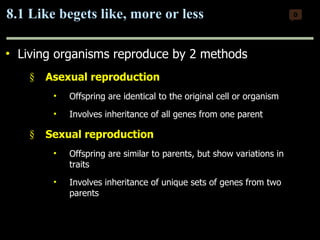 8.1 Like begets like, more or less Living organisms reproduce by 2 methods Asexual reproduction Offspring are identical to the original cell or organism Involves inheritance of all genes from one parent Sexual reproduction Offspring are similar to parents, but show variations in traits Involves inheritance of unique sets of genes from two parents 0 Copyright © 2009 Pearson Education, Inc. 