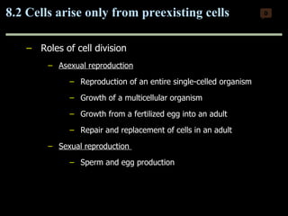 Roles of cell division Asexual reproduction Reproduction of an entire single-celled organism Growth of a multicellular organism Growth from a fertilized egg into an adult Repair and replacement of cells in an adult Sexual reproduction  Sperm and egg production 8.2 Cells arise only from preexisting cells 0 Copyright © 2009 Pearson Education, Inc. 