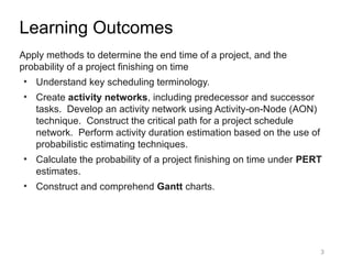 3
Learning Outcomes
Apply methods to determine the end time of a project, and the
probability of a project finishing on time
●
Understand key scheduling terminology.
●
Create activity networks, including predecessor and successor
tasks. Develop an activity network using Activity-on-Node (AON)
technique. Construct the critical path for a project schedule
network. Perform activity duration estimation based on the use of
probabilistic estimating techniques.
●
Calculate the probability of a project finishing on time under PERT
estimates.
●
Construct and comprehend Gantt charts.
 