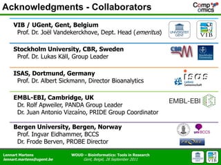 Acknowledgments - CollaboratorsVIB / UGent, Gent, Belgium  Prof. Dr. Joël Vandekerckhove, Dept. Head (emeritus)Stockholm University, CBR, Sweden  Prof. Dr. Lukas Käll, Group LeaderISAS, Dortmund, Germany  Prof. Dr. Albert Sickmann, Director BioanalyticsEMBL-EBI, Cambridge, UK  Dr. Rolf Apweiler, PANDA Group Leader  Dr. Juan Antonio Vizcaíno, PRIDE Group CoordinatorBergen University, Bergen, Norway  Prof. Ingvar Eidhammer, BCCS  Dr. Frode Berven, PROBE Director