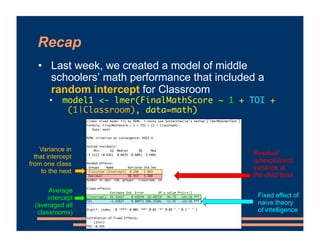 Recap
• Last week, we created a model of middle
schoolers’ math performance that included a
random intercept for Classroom
• model1 <- lmer(FinalMathScore ~ 1 + TOI +
(1|Classroom), data=math)
Fixed effect of
naive theory
of intelligence
Average
intercept
(averaged all
classrooms)
Variance in
that intercept
from one class
to the next
Residual
(unexplained)
variance at
the child level
 