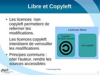 Libre et Copyleft


Les licences non
copyleft permettent de
refermer les
modifications.
Les licences copyleft
interdisent de verrouiller
les modifications



Licences libres
Copyleft :

All rights reversed

non-copyleft

Principes communs :
citer l'auteur, rendre les
sources accessibles
L'informatique libre
7

 