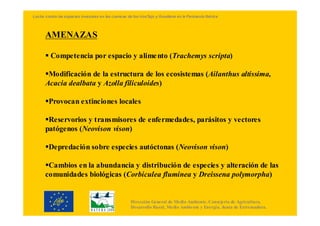 Lucha contra las especies invasoras en las cuencas de los ríosTajo y Guadiana en la Península Ibérica




      AMENAZAS

         Competencia por espacio y alime nto (Trachemys scripta)

       Modificación de la estructura de los ecosistemas (Ailanthus altissima,
      Acacia dealbata y Azolla filiculoides)

        Provocan extinciones locales

       Reservorios y transmisores de enfermedades, parásitos y vectores
      patógenos (Neovison vison)

        Depredación sobre especies autóctonas (Neovison vison)

       Cambios en la abundancia y distribución de especies y alteración de las
      comunidades biológicas (Corbiculea fluminea y Dreissena polymorpha)


                                                     Dirección General de Medio Ambiente. Consejería de Agricultura,
                                                     Desarrollo Rural, Medio Ambiente y Energía. Junta de Extremadura.
 