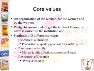 Core values An organization of the women, for the women and by the women Pledge to ensure that all get the fruits of labour, no harm is caused to the institution and  Synthesis of 3 different concepts The concept of Business Production of quality goods at reasonable prices The concept of family Mutual family affection, concern and trust The concept of Devotion  ‘ Work is worship’ 