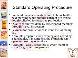 Standard Operating Procedure Prepared papads were delivered to branch office next morning while another batch of pre-mixed dough collected for next-day production Quality check was done by experienced members through Visual inspection  Payment for production was done the following day Accounts prepared every evening and vetted by a Sanchalika. If incomplete, the branch doesn’t open for next day operations Accounts – easily accessible to every member-sister for greater transparency 