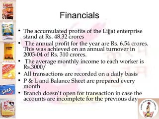 Financials The accumulated profits of the Lijjat enterprise stand at Rs. 48.32 crores The annual profit for the year are Rs. 6.54 crores. This was achieved on an annual turnover in 2003-04 of Rs. 310 crores. The average monthly income to each worker is Rs.3000/ All transactions are recorded on a daily basis P & L and Balance Sheet are prepared every month Branch doesn’t open for transaction in case the accounts are incomplete for the previous day 