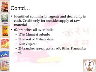 Contd… Identified commission agents and dealt only in cash. Credit only for outside supply of raw material 62 branches all over India 17 in Mumbai suburbs 11 in rest of Maharashtra 12 in Gujarat 23 branches spread across AP, Bihar, Karnataka etc. 