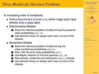 Introduction to Statistical

Three Models for Decision Problems                                              Machine Learning

                                                                                    c 2011
                                                                              Christfried Webers
                                                                                    NICTA
                                                                            The Australian National
                                                                                  University
In increasing order of complexity
    Find a discriminant function f (x) which maps each input
    directly onto a class label.
    Discriminative Models                                                   Probabilistic Generative
      1   Solve the inference problem of determining the posterior          Models

          class probabilities p(Ck | x).                                    Continuous Input

      2   Use decision theory to assign each new x to one of the            Discrete Features

          classes.                                                          Probabilistic
                                                                            Discriminative Models

    Generative Models                                                       Logistic Regression

      1   Solve the inference problem of determining the                    Iterative Reweighted
                                                                            Least Squares
          class-conditional probabilities p(x | Ck ).                       Laplace Approximation
      2   Also, infer the prior class probabilities p(Ck ).                 Bayesian Logistic
      3   Use Bayes’ theorem to ﬁnd the posterior p(Ck | x).                Regression

      4   Alternatively, model the joint distribution p(x, Ck ) directly.
      5   Use decision theory to assign each new x to one of the
          classes.


                                                                                             284of 300
 