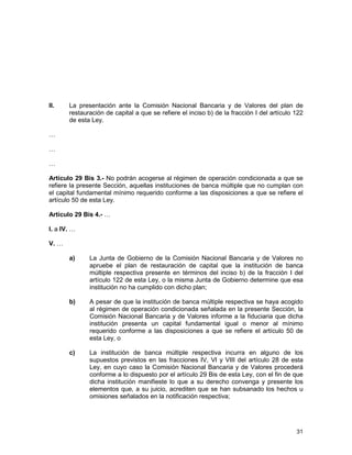 31
II. La presentación ante la Comisión Nacional Bancaria y de Valores del plan de
restauración de capital a que se refiere el inciso b) de la fracción I del artículo 122
de esta Ley.
…
…
…
Artículo 29 Bis 3.- No podrán acogerse al régimen de operación condicionada a que se
refiere la presente Sección, aquellas instituciones de banca múltiple que no cumplan con
el capital fundamental mínimo requerido conforme a las disposiciones a que se refiere el
artículo 50 de esta Ley.
Artículo 29 Bis 4.- …
I. a IV. …
V. …
a) La Junta de Gobierno de la Comisión Nacional Bancaria y de Valores no
apruebe el plan de restauración de capital que la institución de banca
múltiple respectiva presente en términos del inciso b) de la fracción I del
artículo 122 de esta Ley, o la misma Junta de Gobierno determine que esa
institución no ha cumplido con dicho plan;
b) A pesar de que la institución de banca múltiple respectiva se haya acogido
al régimen de operación condicionada señalada en la presente Sección, la
Comisión Nacional Bancaria y de Valores informe a la fiduciaria que dicha
institución presenta un capital fundamental igual o menor al mínimo
requerido conforme a las disposiciones a que se refiere el artículo 50 de
esta Ley, o
c) La institución de banca múltiple respectiva incurra en alguno de los
supuestos previstos en las fracciones IV, VI y VIII del artículo 28 de esta
Ley, en cuyo caso la Comisión Nacional Bancaria y de Valores procederá
conforme a lo dispuesto por el artículo 29 Bis de esta Ley, con el fin de que
dicha institución manifieste lo que a su derecho convenga y presente los
elementos que, a su juicio, acrediten que se han subsanado los hechos u
omisiones señalados en la notificación respectiva;
 
