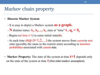 Markov chain property
 Discrete Markov System
- It is easy to depict a Markov system as a graph.
- N distinct states: S1, S2, ..., SN state at “time” t , qt = Si
- Begins (at time t=1) in some initial state(s).
- At each time step (t=1,2,…) the system moves from currentto next
state (possibly the same as the current state) according to transition
probabilitiesassociated with current state.
 Markov Property: The state of the system at time t+1 depends only
on the state of the system at time t (first order markov assumption).
11
 