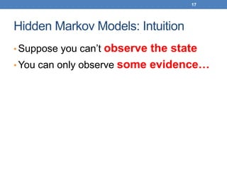 Hidden Markov Models: Intuition
• Suppose you can’t observe the state
• You can only observe some evidence…
17
 
