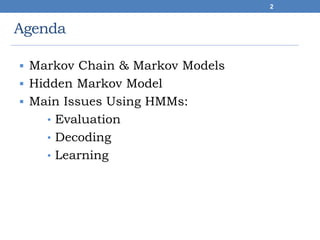 Agenda
 Markov Chain & Markov Models
 Hidden Markov Model
 Main Issues Using HMMs:
• Evaluation
• Decoding
• Learning
2
 