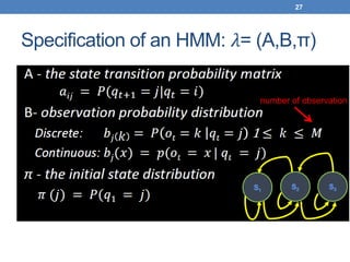 Specification of an HMM: 𝜆= (A,B,π)
27
number of observation
 