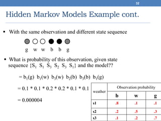 Hidden Markov Models Example cont.
32
 With the same observation and different state sequence
 What is probability of this observation, given state
sequence {S1 S1 S3 S2 S3 S1} and the model??
= b1(g) b1(w) b3(w) b2(b) b3(b) b1(g)
= 0.1 * 0.1 * 0.2 * 0.2 * 0.1 * 0.1
= 0.000004
g w w b b g
weather
Observation probability
b w g
s1 .8 .1 .1
s2 .2 .5 .3
s3 .1 .2 .7
 