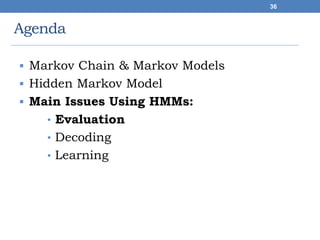 Agenda
 Markov Chain & Markov Models
 Hidden Markov Model
 Main Issues Using HMMs:
• Evaluation
• Decoding
• Learning
36
 