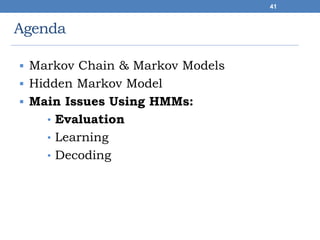 Agenda
 Markov Chain & Markov Models
 Hidden Markov Model
 Main Issues Using HMMs:
• Evaluation
• Learning
• Decoding
41
 