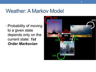 Weather: A Markov Model
• Probability of moving
to a given state
depends only on the
current state: 1st
Order Markovian
7
 