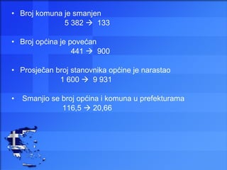 Broj komuna je smanjen  5 382     133 Broj općina je povećan  441     900 Prosječan broj stanovnika općine je narastao  1 600     9 931 Smanjio se broj općina i komuna u prefekturama 116,5    20,66 