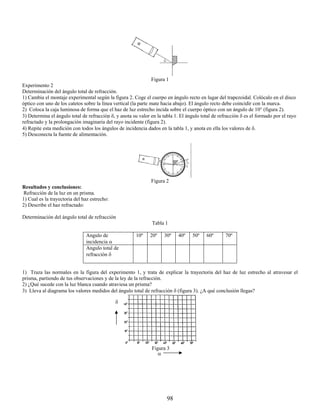 Figura 1
Experimento 2
Determinación del ángulo total de refracción.
1) Cambia el montaje experimental según la figura 2. Coge el cuerpo en ángulo recto en lugar del trapezoidal. Colócalo en el disco
óptico con uno de los catetos sobre la línea vertical (la parte mate hacia abajo). El ángulo recto debe coincidir con la marca.
2) Coloca la caja luminosa de forma que el haz de luz estrecho incida sobre el cuerpo óptico con un ángulo de 10° (figura 2).
3) Determina el ángulo total de refracción δ, y anota su valor en la tabla 1. El ángulo total de refracción δ es el formado por el rayo
refractado y la prolongación imaginaria del rayo incidente (figura 2).
4) Repite esta medición con todos los ángulos de incidencia dados en la tabla 1, y anota en ella los valores de δ.
5) Desconecta la fuente de alimentación.




                                                                Figura 2
Resultados y conclusiones:
 Refracción de la luz en un prisma.
1) Cual es la trayectoria del haz estrecho:
2) Describe el haz refractado:

Determinación del ángulo total de refracción
                                                                Tabla 1

                               Angulo de                10º    20º    30º    40º    50º    60º      70º
                               incidencia α
                               Angulo total de
                               refracción δ


1) Traza las normales en la figura del experimento 1, y trata de explicar la trayectoria del haz de luz estrecho al atravesar el
prisma, partiendo de tus observaciones y de la ley de la refracción.
2) ¿Qué sucede con la luz blanca cuando atraviesa un prisma?
3) Lleva al diagrama los valores medidos del ángulo total de refracción δ (figura 3). ¿A qué conclusión llegas?

                                              δ




                                                                Figura 3
                                                                   α




                                                                       98
 