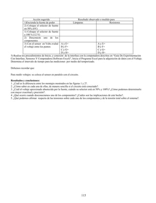 Acción sugerida                             Resultado observado o medido para
             1)Encienda la fuente de poder                     Lámparas                       Resistores
             2) Coloque el selector de fuente
             en 50% (6V)
             1) Coloque el selector de fuente
             a 100 % (12 V)
             2) Desconecte uno de los
             componentes
             3) Con el sensor en Volts evalué    A y E=                             A y E=
             el voltaje entre los puntos         B y F=                             B y F=
                                                 C y G=                             C y G=
                                                 D y H=                             D y H=
5) Realiza los procedimientos de Inicio, y conexión de la interfase con la computadora descritos en “Guía De Experimentación
Con Interfase, Sensores Y Computadora (Software Excel)”, Inicia el Programa Excel para la adquisición de datos con el Voltaje.
Determina el intervalo de tiempo para las mediciones por medio del temporizado.

Debemos recordar que:

Para medir voltajes: se coloca el sensor en paralelo con el circuito.

Resultados y conclusiones:
1. ¿Cuál es la diferencia entre los montajes mostrados en las figuras 1 y 2?.
2. ¿Cómo saber en cada una de ellas, de manera sencilla si el circuito está conectado?.
3. ¿Cuál el voltaje aproximado abastecido por la fuente, cuándo su selector está en 50% y 100%? ¿Cómo podemos determinarlo
con mayor exactitud y precisión?.
4. ¿Qué ocurre cuando desconectamos uno de los componentes? ¿Cuáles son las implicaciones de este hecho?.
5. ¿Qué podemos afirmar respecto de las tensiones sobre cada uno de los componentes y de la tensión total sobre el sistema?.




                                                                        115
 
