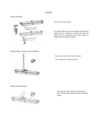 ANEXO

PINZA DE MESA


                                          Pinza de mesa con ranura




                                          En el lado inferior del riel de soporte un tornillo de
                                          apriete para el soporte de la pinza de mesa con
                                          ranura (el riel de soporte por lo tanto puede ser
                                          fijable sobre un tablero de mesa)




JINETE PARA VARILLAS DE SOPORTE

                                           Para colocar y fijar sobre rieles de soporte.

                                           Para el soporte de varillas de soporte




JINETE CON RANURA


                                              Para colocar y fijar sobre rieles de soporte y
                                              para el soporte de varillas de soporte, pantallas,
                                              escala.
 