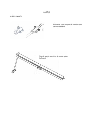 ANEXO

NUEZ REDONDA




                                     Utilización como manguito de empalme para
                                     varillas de soporte




               Nuez de soporte para rieles de soporte (plano
               inclinado)
 