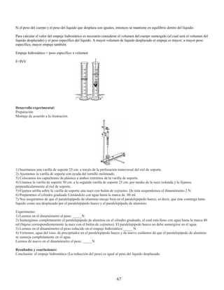 Si el peso del cuerpo y el peso del líquido que desplaza son iguales, entonces se mantiene en equilibrio dentro del líquido.

Para calcular el valor del empuje hidrostático es necesario considerar el volumen del cuerpo sumergido (el cual será el volumen del
líquido desplazado) y el peso específico del líquido. A mayor volumen de líquido desplazado el empuje es mayor; a mayor peso
específico, mayor empuje también.

Empuje hidrostático = peso específico x volumen

E=PeV




Desarrollo experimental:
Preparación
Montaje de acuerdo a Ia ilustración.




1) Insertamos una varilla de soporte 25 cm. a través de la perforación transversal del riel de soporte.
2) Ajustamos la varilla de soporte con ayuda del tornillo moleteado.
3) Colocamos los capuchones de plástico a ambos extremos de la varilla de soporte.
4) Unamos la varilla de soporte 50 cm. a la segunda varilla de soporte 25 cm. por medio de la nuez redonda y la fijamos
perpendicularmente al riel de soporte.
5) Fijamos arriba sobre la varilla de soporte una nuez con bulón de cojinetes. De ésta suspendemos el dinamómetro 2 N.
6) Preparamos el cilindro graduado Llenándolo con agua hasta la marca de 80 ml.
7) Nos aseguramos de que el paralelepípedo de aluminio encaje bien en el paralelepípedo hueco, es decir, que éste contenga tanto
líquido como sea desplazado por el paralelepípedo hueco y el paralelepípedo de aluminio.

Experimento:
1) Leemos en el dinamómetro el peso: _____N.
2) Sumergimos completamente el paralelepípedo de aluminio en el cilindro graduado, el cual está lleno con agua hasta la marca 80
ml (bájese correspondientemente la nuez con el bulón de cojinetes). El paralelepípedo hueco no debe sumergirse en el agua.
3) Leemos en el dinamómetro el peso reducido en el empuje hidrostático:_____ N.
4) Vertemos, agua del vaso, de precipitados en el paralelepípedo hueco y de nuevo cuidamos de que el paralelepípedo de aluminio
se sumerja completamente en el agua.
Leemos de nuevo en el dinamómetro el peso: _____N

Resultados y conclusiones:
Conclusión: el empuje hidrostático (La reducción del peso) es igual al peso del líquido desplazado.




                                                                      67
 