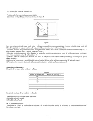 11) Desconecta la fuente de alimentación.

 Posición de los haces de luz incidente y reflejado
1) Cambia el montaje del experimento conforme a la figura 2.




                                                            Figura 2

Para esto dobla una hoja de papel por la mitad y colócala sobre un libro grueso, de modo que el doblez coincida con el borde del
libro. El espejo está en la parte inferior de la hoja, coincidiendo con el doblez y el borde del libro.
2) Conecta de nuevo la caja luminosa (con el diafragma de una rendija en el lado de la lente) a la fuente de alimentación (12V), y
colócala sobre la hoja de papel y el libro, como en la figura 2.
3) Haz que incida oblicuamente sobre el espejo un haz de luz estrecho, de modo que el punto de incidencia sobre el espejo esté
unos 2 cm. delante del doblez de la hoja (figura 2).
4) Observa el haz de luz reflejado. Mueve la otra mitad de la hoja con cuidado hacia arriba (hasta 90°) y hacia abajo, sin que el
espejo se mueva.
¿Qué observas con respecto a la visibilidad de toda la longitud del haz de luz reflejado en esta mitad de la hoja de papel?.
5) Anota tus observaciones, desconecta la fuente de alimentación y quita la caja luminosa del papel.


Resultados y conclusiones:
Dirección de los haces de luz incidente y reflejado

                                                                Tabla 1
                                       Angulo de incidencia α       Angulo de reflexión β
                                                 60º
                                                 20º
                                                 45º
                                                 75º



                                                      0º

Posición de los haces de luz incidente y reflejado:

1) Visibilidad del haz reflejado: papel horizontal
2) Mitad de la hoja levantada
3) Mitad de la hoja bajada

De los resultados obtenidos:
1) Compara los valores de los ángulos de reflexión β de la tabla 1 con los ángulos de incidencia α. ¿Qué puedes comprobar?
Formula un enunciado.




                                                                      75
 