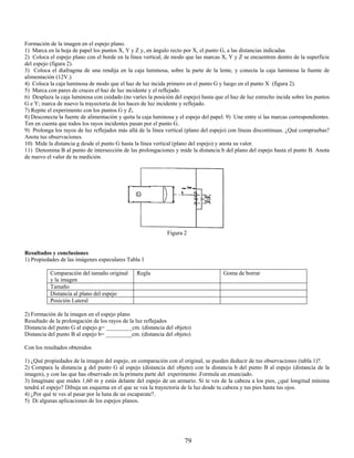 Formación de la imagen en el espejo plano.
1) Marca en la hoja de papel los puntos X, Y y Z y, en ángulo recto por X, el punto G, a las distancias indicadas.
2) Coloca el espejo plano con el borde en la línea vertical, de modo que las marcas X, Y y Z se encuentren dentro de la superficie
del espejo (figura 2).
3) Coloca el diafragma de una rendija en la caja luminosa, sobre la parte de la lente, y conecta la caja luminosa la fuente de
alimentación (12V.)
4) Coloca la caja luminosa de modo que el haz de luz incida primero en el punto G y luego en el punto X (figura 2).
5) Marca con pares de cruces el haz de luz incidente y el reflejado.
6) Desplaza la caja luminosa con cuidado (no varíes la posición del espejo) hasta que el haz de luz estrecho incida sobre los puntos
G e Y; marca de nuevo la trayectoria de los haces de luz incidente y reflejado.
7) Repite el experimento con los puntos G y Z.
8) Desconecta la fuente de alimentación y quita la caja luminosa y el espejo del papel. 9) Une entre sí las marcas correspondientes.
Ten en cuenta que todos los rayos incidentes pasan por el punto G.
9) Prolonga los rayos de luz reflejados más allá de la línea vertical (plano del espejo) con líneas discontinuas. ¿Qué compruebas?
Anota tus observaciones.
10) Mide la distancia g desde el punto G hasta la línea vertical (plano del espejo) y anota su valor.
11) Denomina B al punto de intersección de las prolongaciones y mide la distancia b del plano del espejo hasta el punto B. Anota
de nuevo el valor de tu medición




                                                             Figura 2


Resultados y conclusiones
1) Propiedades de las imágenes especulares Tabla 1

           Comparación del tamaño original      Regla                                 Goma de borrar
           y la imagen
           Tamaño
           Distancia al plano del espejo
           Posición Lateral

2) Formación de la imagen en el espejo plano
Resultado de la prolongación de los rayos de la luz reflejados
Distancia del punto G al espejo g= _________cm. (distancia del objeto)
Distancia del punto B al espejo b= _________cm. (distancia del objeto)

Con los resultados obtenidos

1) ¿Qué propiedades de la imagen del espejo, en comparación con el original, se pueden deducir de tus observaciones (tabla 1)?.
2) Compara la distancia g del punto G al espejo (distancia del objeto) con la distancia b del punto B al espejo (distancia de la
imagen), y con las que has observado en la primera parte del experimento .Formula un enunciado.
3) Imagínate que mides 1,60 m y estás delante del espejo de un armario. Si te ves de la cabeza a los pies, ¿qué longitud mínima
tendrá el espejo? Dibuja un esquema en el que se vea la trayectoria de la luz desde tu cabeza y tus pies hasta tus ojos.
4) ¿Por qué te ves al pasar por la luna de un escaparate?.
5) Di algunas aplicaciones de los espejos planos.




                                                                     79
 