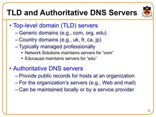 11
TLD and Authoritative DNS Servers
• Top-level domain (TLD) servers
– Generic domains (e.g., com, org, edu)
– Country domains (e.g., uk, fr, ca, jp)
– Typically managed professionally
 Network Solutions maintains servers for “com”
 Educause maintains servers for “edu”
• Authoritative DNS servers
– Provide public records for hosts at an organization
– For the organization’s servers (e.g., Web and mail)
– Can be maintained locally or by a service provider
 
