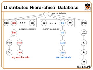 12
Distributed Hierarchical Database
com edu org ac uk zw arpa
unnamed root
bar
west east
foo my
ac
cam
usr
in-
addr
12
34
56
generic domains country domains
my.east.bar.edu usr.cam.ac.uk
12.34.56.0/24
 