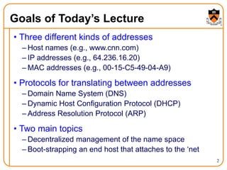 2
Goals of Today’s Lecture
• Three different kinds of addresses
– Host names (e.g., www.cnn.com)
– IP addresses (e.g., 64.236.16.20)
– MAC addresses (e.g., 00-15-C5-49-04-A9)
• Protocols for translating between addresses
– Domain Name System (DNS)
– Dynamic Host Configuration Protocol (DHCP)
– Address Resolution Protocol (ARP)
• Two main topics
– Decentralized management of the name space
– Boot-strapping an end host that attaches to the ‘net
 