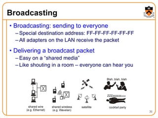 31
Broadcasting
• Broadcasting: sending to everyone
– Special destination address: FF-FF-FF-FF-FF-FF
– All adapters on the LAN receive the packet
• Delivering a broadcast packet
– Easy on a “shared media”
– Like shouting in a room – everyone can hear you
 