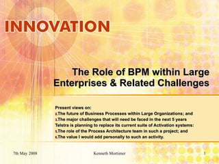 The Role of BPM within Large Enterprises & Related Challenges ,[object Object],[object Object],[object Object],[object Object],[object Object],[object Object],7th May 2008 Kenneth Mortimer 