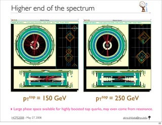 akira.shibata@nyu.eduHCPS2008 - May 27, 2008
Higher end of the spectrum
pT
top = 150 GeV pT
top = 250 GeV
‣ Large phase space available for highly boosted top quarks, may even come from resonance.
23
 